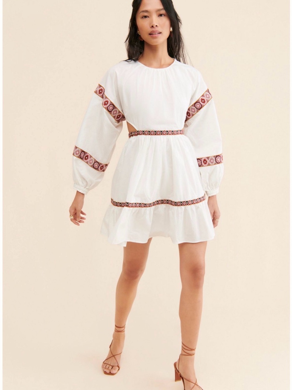 White Embroidered Chufy Hari  Long-Sleeve Tiered Mini Dress